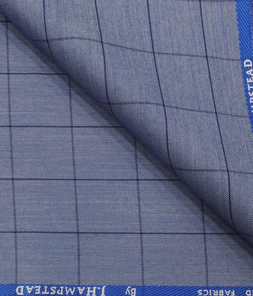 J.Hamsptead by Siyaram's Light Blue Polyester Viscose Navy Blue Checks Unstitched Suiting Fabric