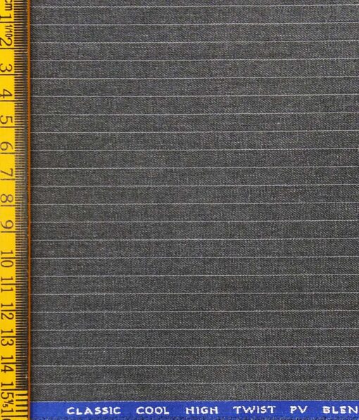 J.Hamsptead by Siyaram's Light Grey Polyester Viscose White Striped Unstitched Suiting Fabric