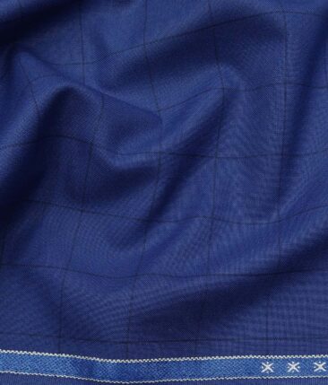 Raymond Bright Royal Blue Polyester Viscose Black Checks Unstitched Suiting Fabric