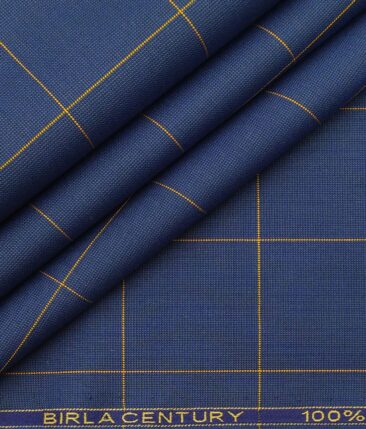 Birla Century Blue 100% Cotton Yellow Checks Shirt Fabric (1.60 M)