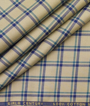 Bombay Rayon Buttermilk Beige 100% Premium Cotton Checks Shirt Fabric (1.60 M)