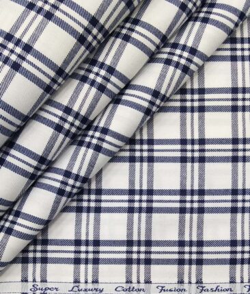 Exquisite White Poly Cotton Blue Checks Shirt Fabric (1.60 M)