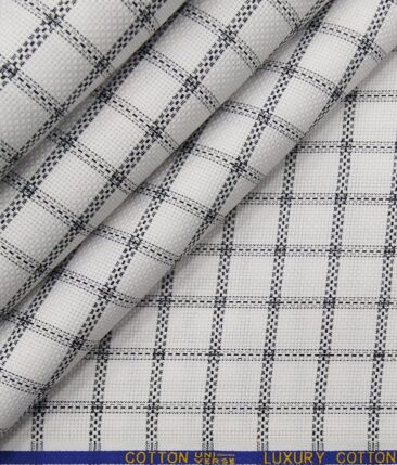 Exquisite White Poly Cotton Black Stucutured Cum Checks Shirt Fabric (1.60 M)