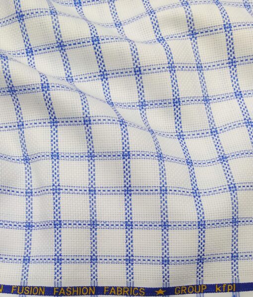 Exquisite White Poly Cotton Blue Stucutured Cum Checks Shirt Fabric (1.60 M)