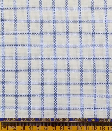 Exquisite White Poly Cotton Blue Stucutured Cum Checks Shirt Fabric (1.60 M)
