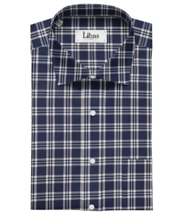 Exquisite Dake Blue Poly Cotton White Checks Shirt Fabric (1.60 M)