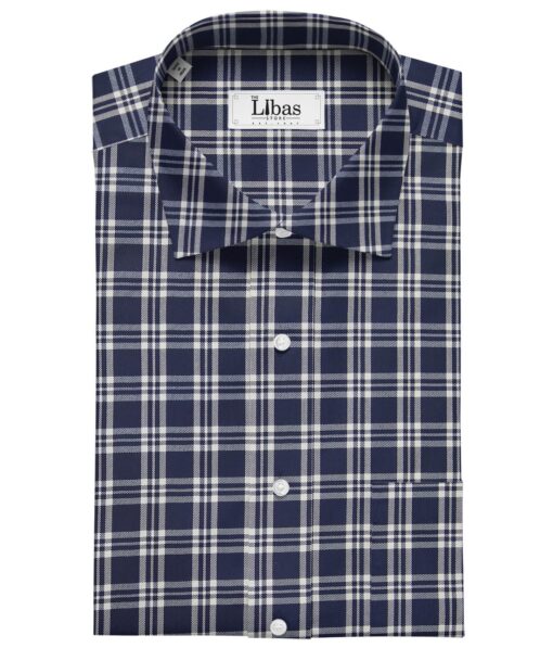 Exquisite Dake Blue Poly Cotton White Checks Shirt Fabric (1.60 M)