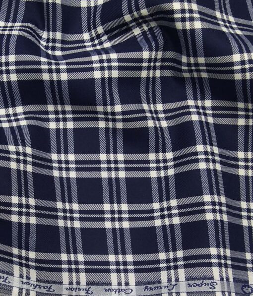 Exquisite Dake Blue Poly Cotton White Checks Shirt Fabric (1.60 M)