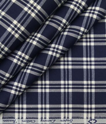 Exquisite Dake Blue Poly Cotton White Checks Shirt Fabric (1.60 M)