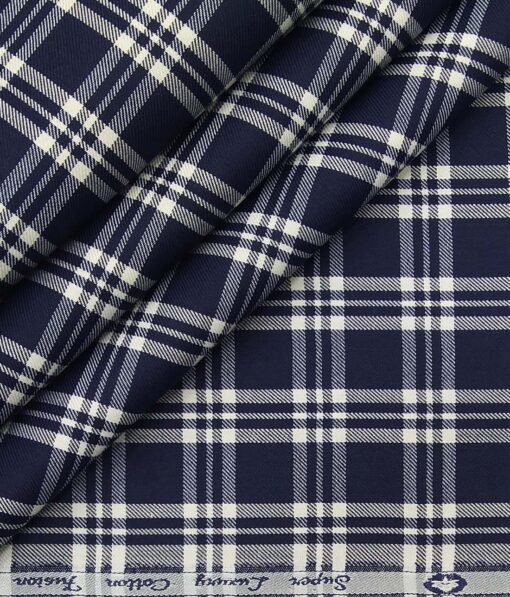 Exquisite Dake Blue Poly Cotton White Checks Shirt Fabric (1.60 M)