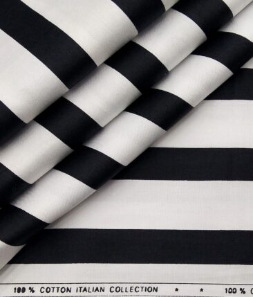 Exquisite White 100% Pure Cotton Black Broad Stripes Shirt Fabric (1.60 M)