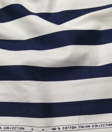 Exquisite White 100% Pure Cotton Blue Broad Stripes Shirt Fabric (1.60 M)