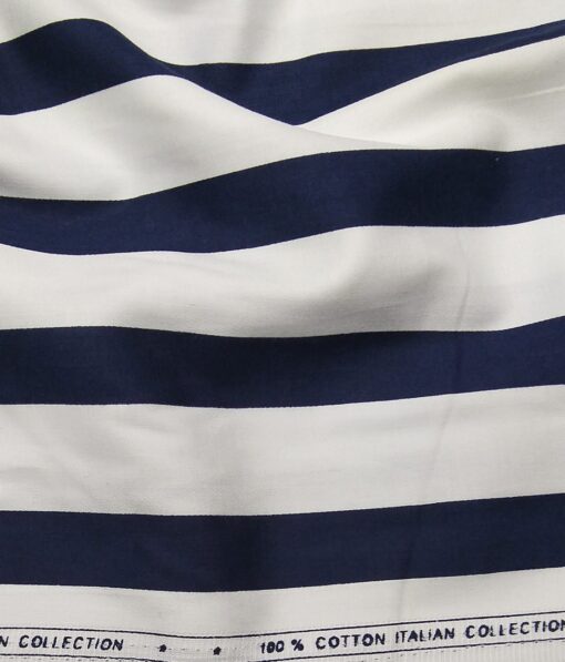 Exquisite White 100% Pure Cotton Blue Broad Stripes Shirt Fabric (1.60 M)