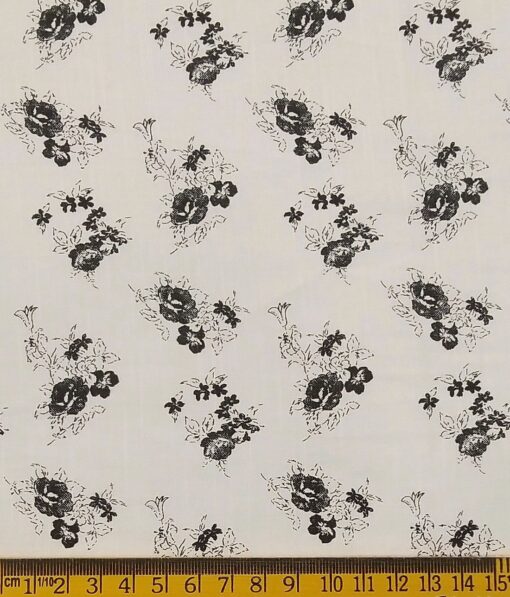 Exquisite White 100% Cotton Black Floral Printed Shirt Fabric (2.40 M)