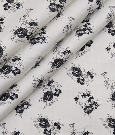 Exquisite White 100% Cotton Black Floral Printed Shirt Fabric (2.40 M)
