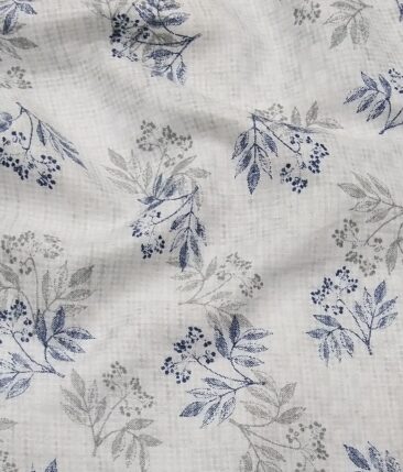 Exquisite White 100% Cotton Blue & Grey Floral Printed Shirt Fabric (2.40 M)
