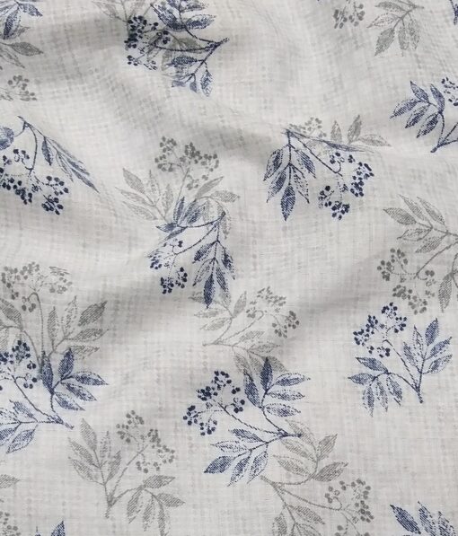 Exquisite White 100% Cotton Blue & Grey Floral Printed Shirt Fabric (2.40 M)