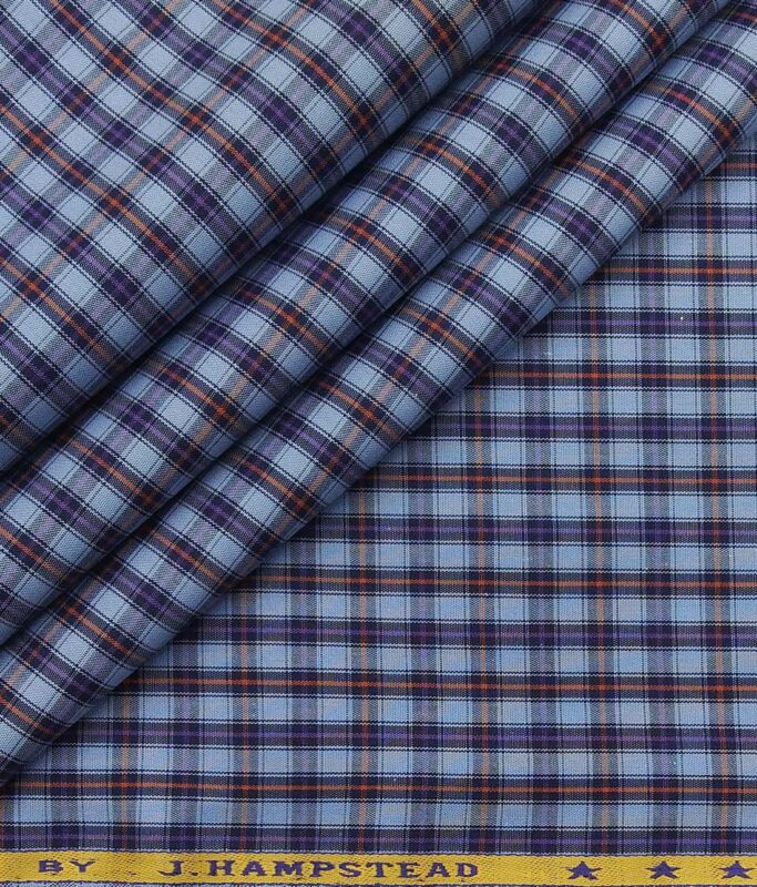 J.Hampstead Italy by Siyaram's Light Blue 100% Giza Cotton Multicolor Checks Shirt Fabric (1.60 M)