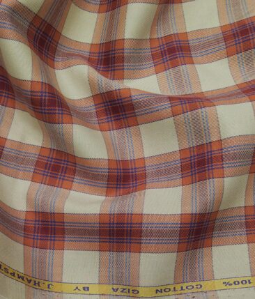 J.Hampstead Italy by Siyaram's Beige 100% Giza Cotton Marron Broad Checks Shirt Fabric (1.60 M)