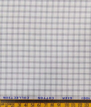 J.Hampstead Italy by Siyaram's White 100% Giza Cotton Light Grey Checks Shirt Fabric (1.60 M)
