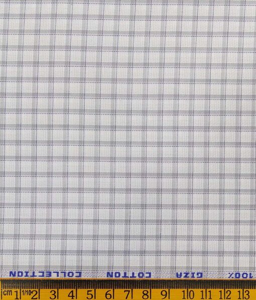 J.Hampstead Italy by Siyaram's White 100% Giza Cotton Light Grey Checks Shirt Fabric (1.60 M)