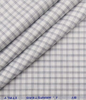 J.Hampstead Italy by Siyaram's White 100% Giza Cotton Light Grey Checks Shirt Fabric (1.60 M)