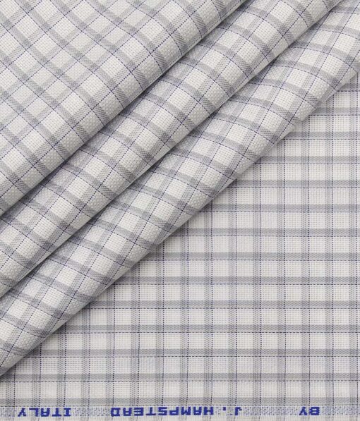 J.Hampstead Italy by Siyaram's White 100% Giza Cotton Light Grey Checks Shirt Fabric (1.60 M)
