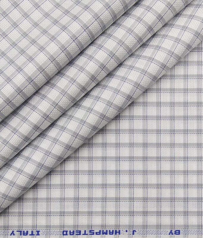 J.Hampstead Italy by Siyaram's White 100% Giza Cotton Light Grey Checks Shirt Fabric (1.60 M)