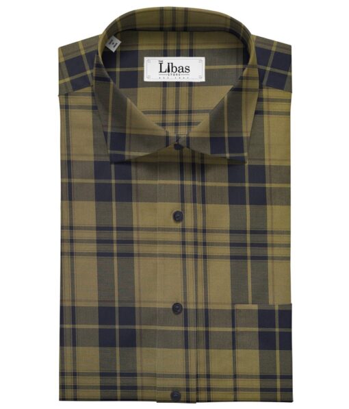 Monza Hazelnut Beige 100% Supefine Cotton Broad Blue Checks Shirt Fabric (1.60 M)