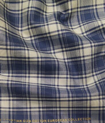 Nemesis Beige 100% Giza Cotton Blue Broad Checks Shirting Fabric