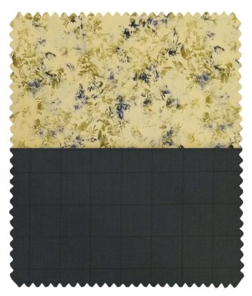 Combo of Raymond Pine Green Checks Trouser Fabric With Bombay Rayon Lemon Yellow 100% Cotton Printed Shirt Fabric (Unstitched)