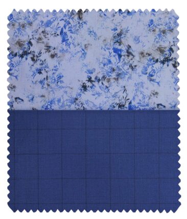 Combo of RaymondRoyal Blue Checks Trouser Fabric With Bombay Rayon Sky Blue 100% Cotton Printed Shirt Fabric (Unstitched)