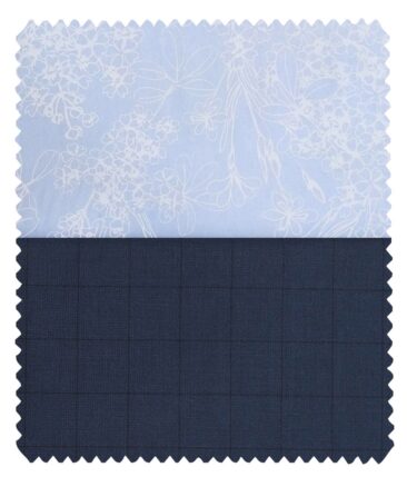 Combo of Raymond Aegean Blue Checks Trouser Fabric With Nemesis Sky Blue 100% Giza Cotton White Printed Shirt Fabric (Unstitched)