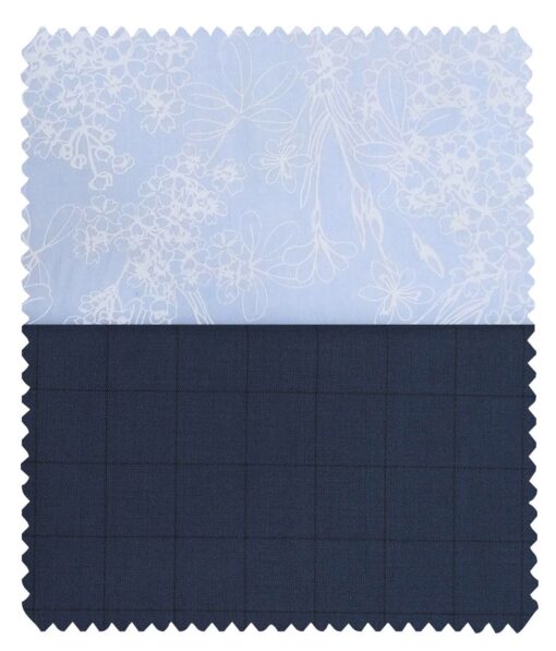 Combo of Raymond Aegean Blue Checks Trouser Fabric With Nemesis Sky Blue 100% Giza Cotton White Printed Shirt Fabric (Unstitched)