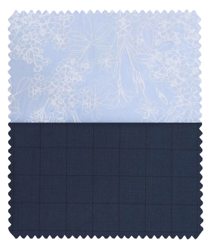 Combo of Raymond Aegean Blue Checks Trouser Fabric With Nemesis Sky Blue 100% Giza Cotton White Printed Shirt Fabric (Unstitched)