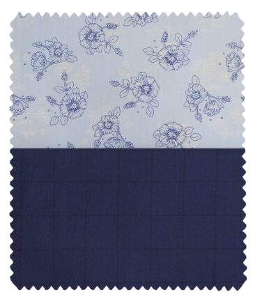 Combo of Raymond Denim Blue Checks Trouser Fabric With Nemesis Sky Blue 100% Giza Cotton Floral Printed Shirt Fabric (Unstitched)