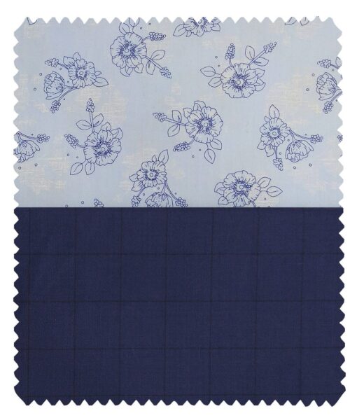 Combo of Raymond Denim Blue Checks Trouser Fabric With Nemesis Sky Blue 100% Giza Cotton Floral Printed Shirt Fabric (Unstitched)
