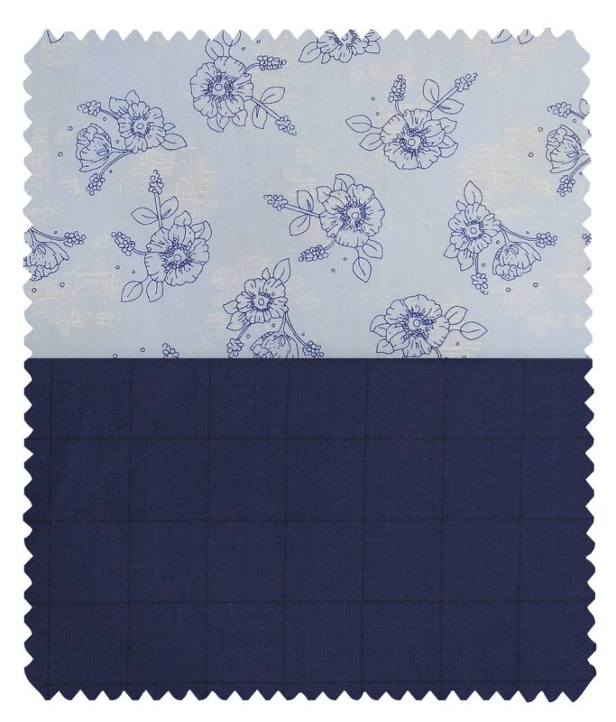 Combo of Raymond Denim Blue Checks Trouser Fabric With Nemesis Sky Blue 100% Giza Cotton Floral Printed Shirt Fabric (Unstitched)