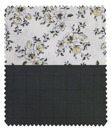 Combo of Raymond Pine Green Checks Trouser Fabric With Nemesis White 100% Giza Cotton Digital Print Shirt Fabric (Unstitched)