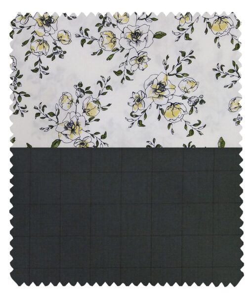 Combo of Raymond Pine Green Checks Trouser Fabric With Nemesis White 100% Giza Cotton Digital Print Shirt Fabric (Unstitched)