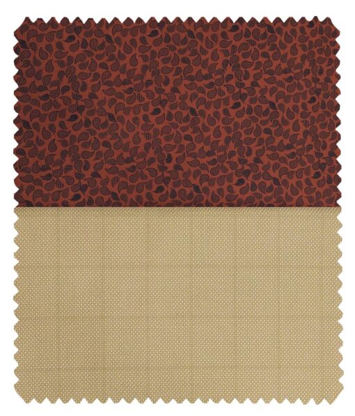 Combo of Raymond Beige Checks Trouser Fabric With Monza Brick Red 100% Cotton Printed Shirt Fabric (Unstitched)