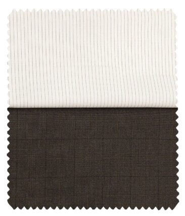 Combo of Raymond Dark Brown Self Checks Trouser Fabric With Soktas Off-White 100% Cotton Striped Shirt Fabric (Unstitched)