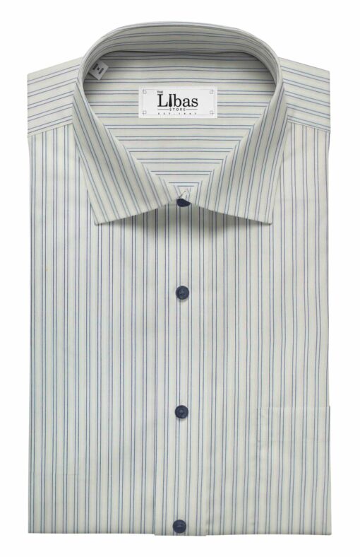Combo of Raymond Dark Navy Blue Structured Trouser Fabric With Bombay Rayon White 100% Cotton Blue Striped Shirt Fabric (Unstitched)