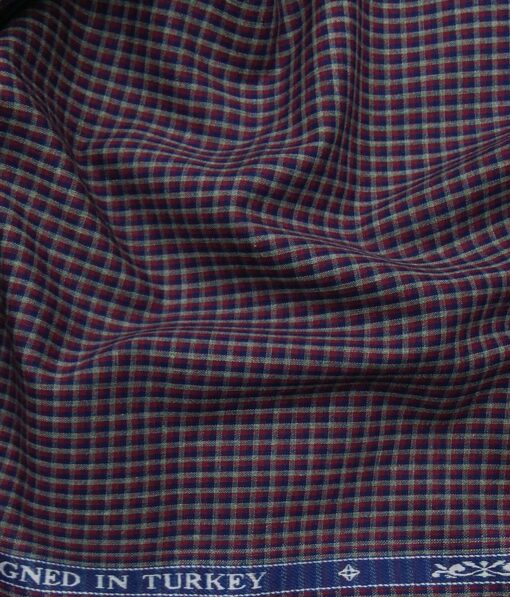 Soktas Maroon 100% Giza Cotton Blue & Grey Micro Checks Shirt Fabric (1.60 M)