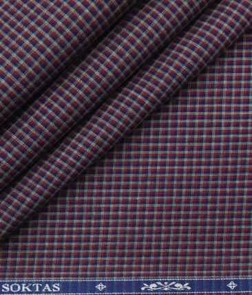 Soktas Maroon 100% Giza Cotton Blue & Grey Micro Checks Shirt Fabric (1.60 M)