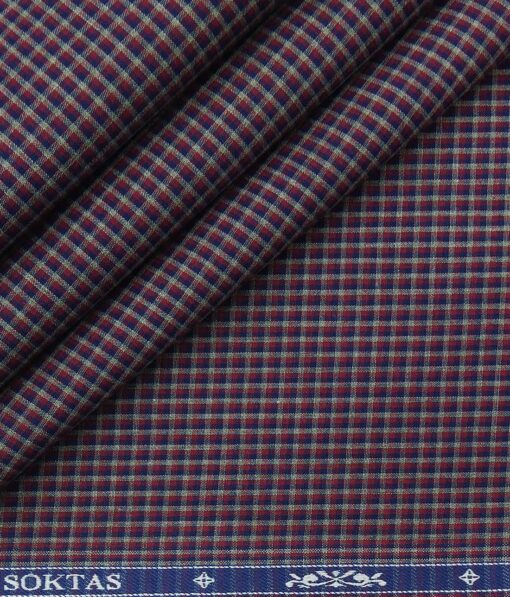 Soktas Maroon 100% Giza Cotton Blue & Grey Micro Checks Shirt Fabric (1.60 M)