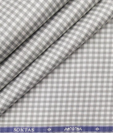 Soktas White 100% Giza Cotton Grey Checks Shirt Fabric (1.60 M)