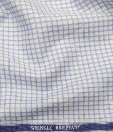 Soktas White 100% Supima Cotton Super 70's Light Blue Checks Shirt Fabric (1.60 M)