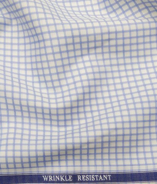 Soktas White 100% Supima Cotton Super 70's Light Blue Checks Shirt Fabric (1.60 M)