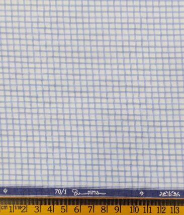 Soktas White 100% Supima Cotton Super 70's Light Blue Checks Shirt Fabric (1.60 M)